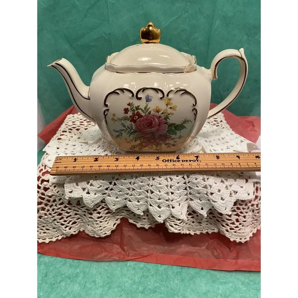Vintage Sadler England Cube Teapot #2097 Rose Flowers Gold Trim‎